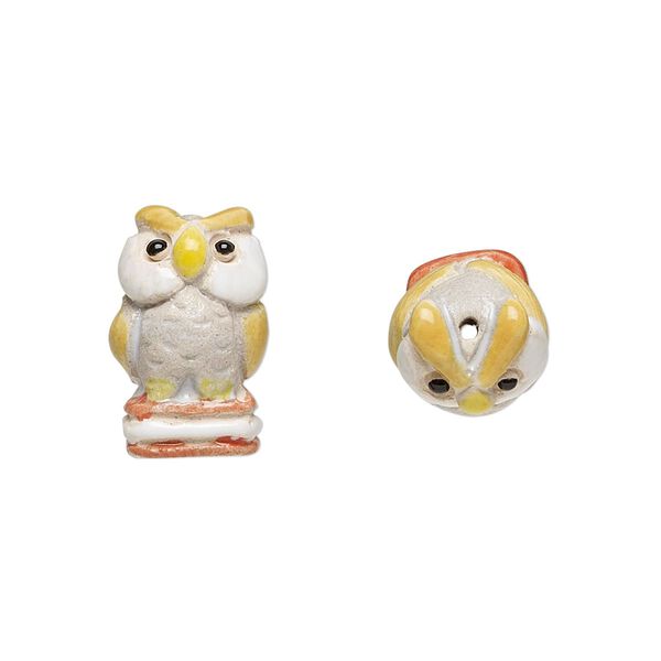 Bead, glazed ceramic, multicolored, 15x8mm hand-painted owl. Sold per pkg of 2. image number 0