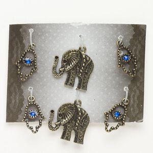 Charm assortment "pewter" zinc-based alloy acrylic 6pk 20.5x19mm elephant 16x12mm Hamsa hand, antique gold finish blue