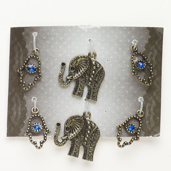 Charm assortment "pewter" zinc-based alloy acrylic 6pk 20.5x19mm elephant 16x12mm Hamsa hand, antique gold finish blue image number 0
