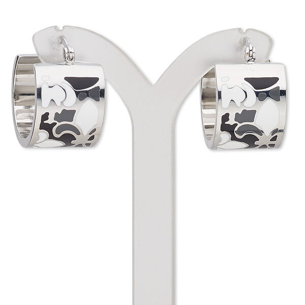 Earring, Avant-Garde Jewelry Collection, enamel and stainless steel, black and white, 22mm 3/4 round hoop with fleur-de-lis design and latch-back closure. Sold per pair. image number 0