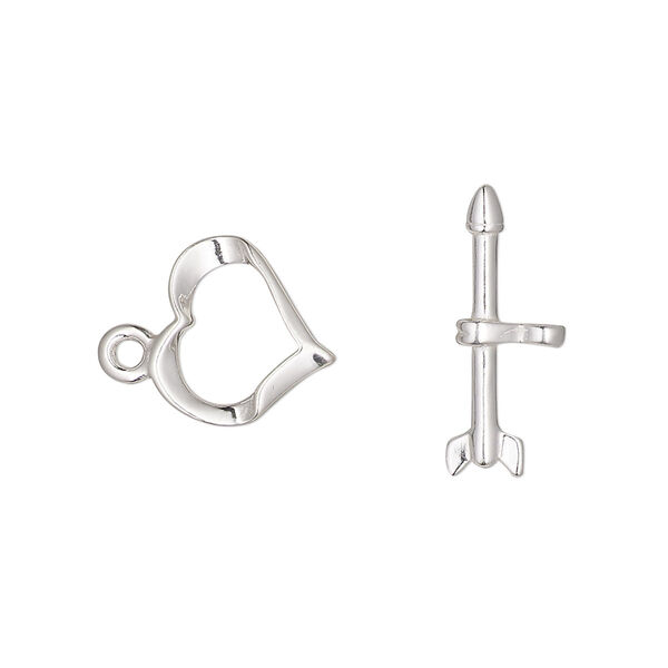 Clasp, toggle, sterling silver, 13x11mm heart with arrow bar. Sold individually. image number 0