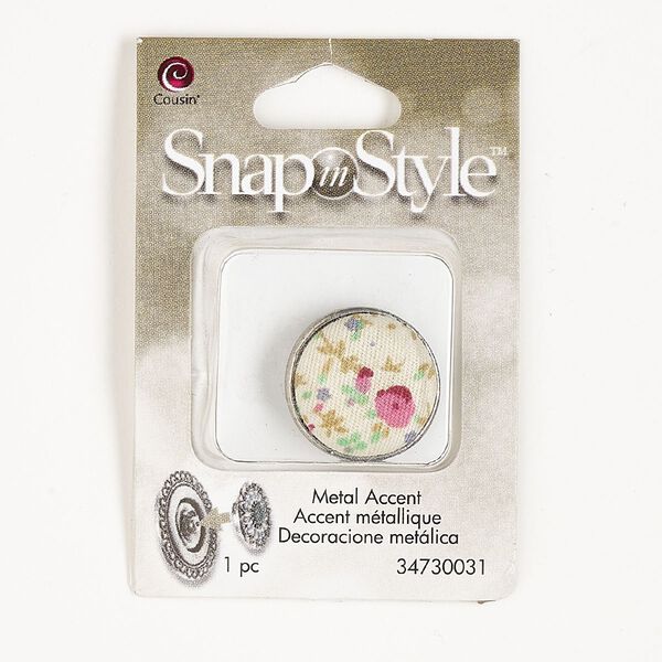 Button, silver-finished "pewter" (zinc-based alloy) and fabric, multicolored, 19x9mm snap-in with flower design. Sold individually. image number 0