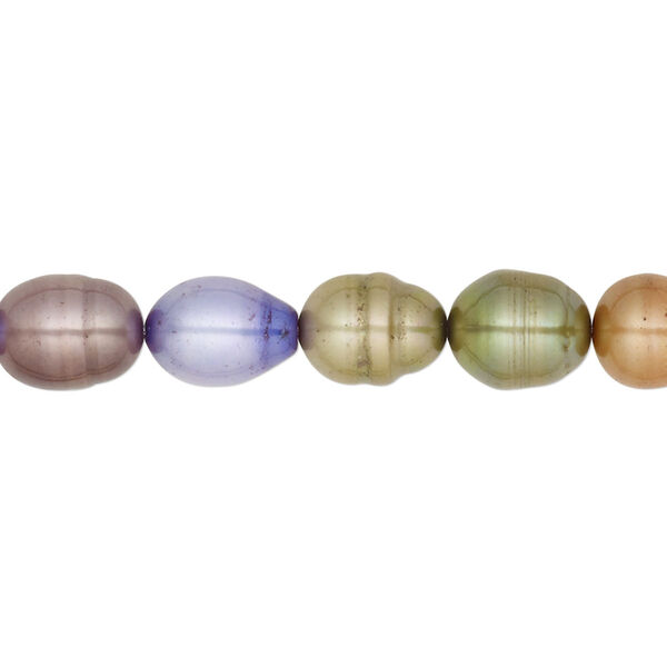 Pearl, cultured freshwater (bleached / dyed), multicolored, 9-10mm rice, D grade, Mohs hardness 2-1/2 to 4. Sold per 18-inch strand. image number 0