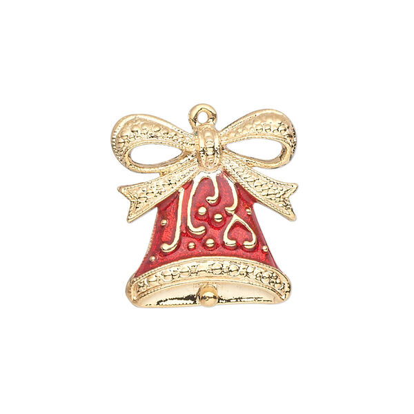 Charm, gold-finished "pewter" (zinc-based alloy) and enamel, red, 20.5x19.5mm single-sided bell with fancy bow. Sold individually. image number 0