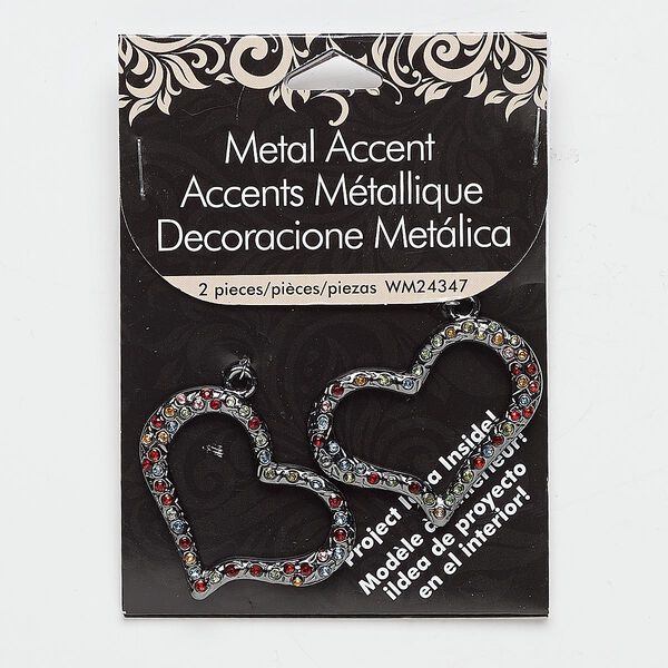 Focal, glass rhinestone and gunmetal-finished "pewter" (zinc-based alloy), multicolored, 57x35mm open heart. Sold per pkg of 2. image number 0