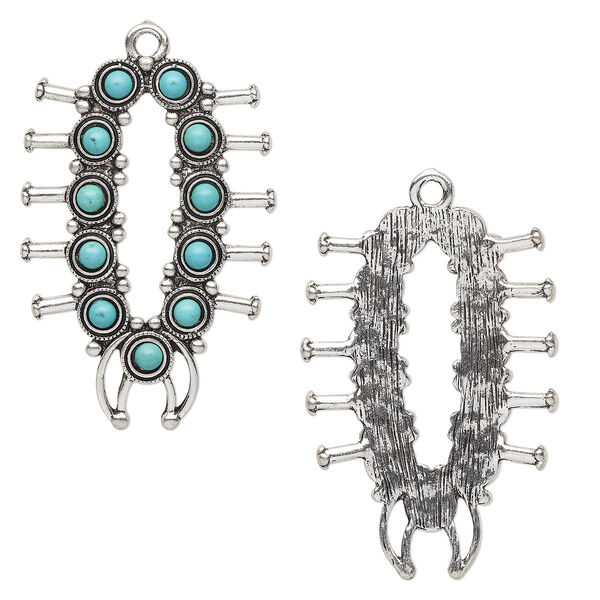 Focal, "turquoise" (resin) (imitation) and antique silver-finished "pewter" (zinc-based alloy), turquoise blue, 54x37mm single-sided miniature squash blossom necklace design. Sold individually. image number 0