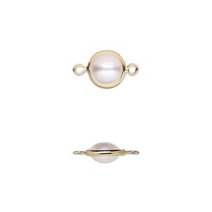 Link, acrylic pearl and gold-finished brass, cream, 8mm double-sided round. Sold per pkg of 10.