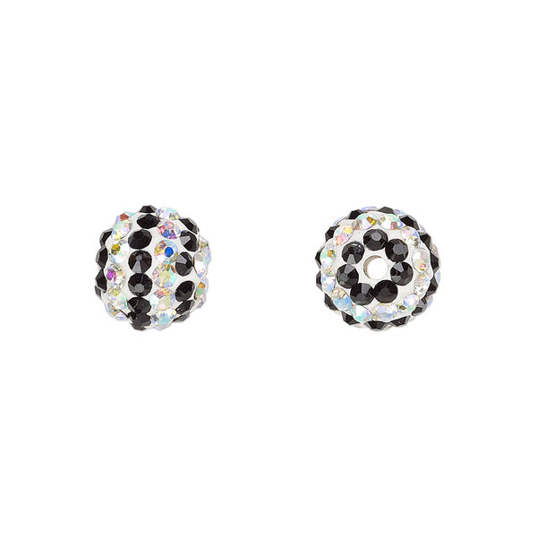 Bead, Egyptian glass rhinestone / epoxy / resin, white / black / clear AB, 10mm round with pavé striped design. Sold individually. image number 0