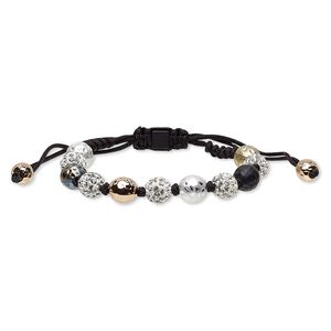 Bracelet, glass rhinestone / enamel / nylon / polymer clay / gold-finished / copper- / brass- / silver-plated "pewter" (zinc-based alloy), multicolored, 10mm matte and shiny hammered round with 10mm round, adjustable from 6-1/2 to 9-1/2 inches with macramé knot closure. Sold individually.