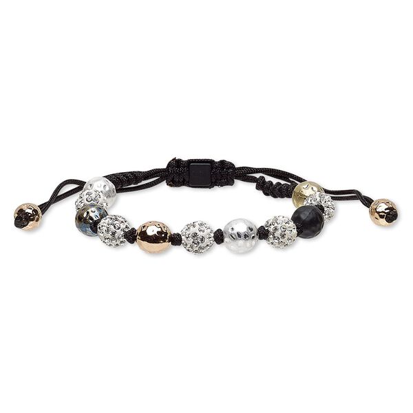 Bracelet, glass rhinestone / enamel / nylon / polymer clay / gold-finished / copper- / brass- / silver-plated "pewter" (zinc-based alloy), multicolored, 10mm matte and shiny hammered round with 10mm round, adjustable from 6-1/2 to 9-1/2 inches with macramé knot closure. Sold individually. image number 0