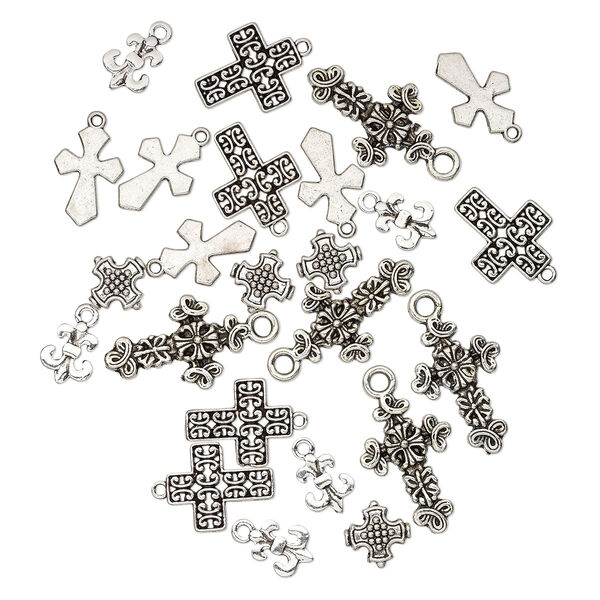 Bead and drop, antique silver-plated "pewter" (zinc-based alloy), 12x9mm-26x17mm single- and double-sided assorted cross. Sold per pkg of 25. image number 0
