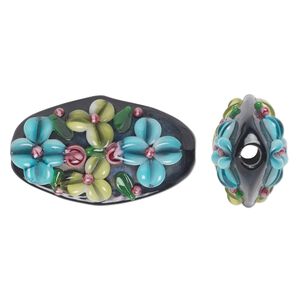 Bead, lampworked glass, opaque multicolored, 28x17mm puffed oval with flower design. Sold per pkg of 2.