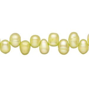 Freshwater pearl 1pkg1, top-drilled rice, 15.5-16 inch chartreuse 7x5mm-11x6mm cultured