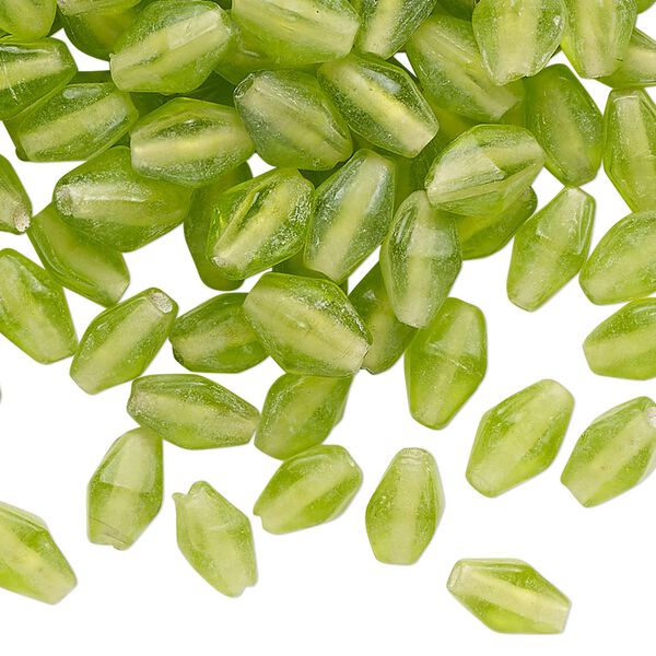 Bead, lampworked glass, transparent light green, 9x6mm double cone. Sold per 2-ounce pkg, approximately 215 beads. image number 0