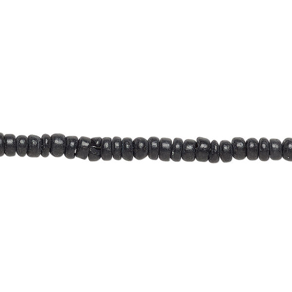 Bead, wood (dyed / waxed), black, 3x1.5mm-3.5x3mm hand-cut rondelle with 0.7mm hole. Sold per pkg of (2) 15" to 16" strands. image number 0