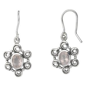 Earring, sterling silver and rose quartz (natural),7x5mm faceted oval, 32x9mm. Sold per pair.