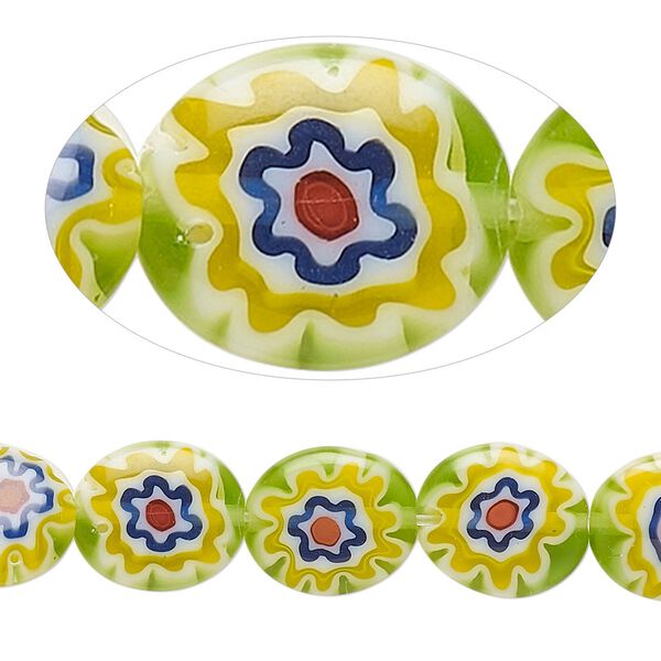 Bead, millefiori glass, translucent green and multicolored, 11x9mm-12x10mm puffed oval. Sold per 14-inch strand. image number 0