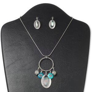 Necklace and earring set, Picasso marble (natural) / black lip shell (natural) / epoxy / glass rhinestone / antiqued silver-finished "pewter" (zinc-based alloy) and steel, dark teal green and teal green, 3-inch dangle, 16 inches with 3-inch extender chain and lobster claw clasp, 1-1/4 inch earrings with leverback ear wire. Sold per set.