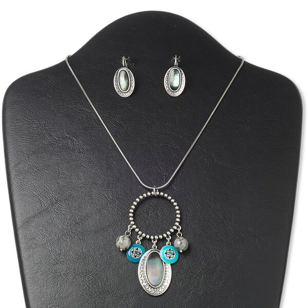Necklace and earring set, Picasso marble (natural) / black lip shell (natural) / epoxy / glass rhinestone / antiqued silver-finished "pewter" (zinc-based alloy) and steel, dark teal green and teal green, 3-inch dangle, 16 inches with 3-inch extender chain and lobster claw clasp, 1-1/4 inch earrings with leverback ear wire. Sold per set. image number 0