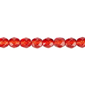 Bead, Czech fire-polished dipped décor glass, red, 6mm faceted round. Sold per 15-1/2" to 16" strand, approximately 65 beads.