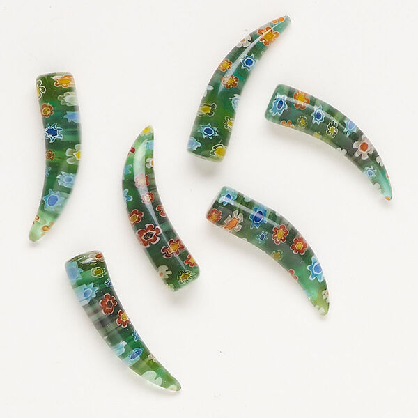 Component, millefiori glass, translucent green and multicolored, 27x7mm-32x7mm undrilled tooth. Sold per pkg of 6. image number 0
