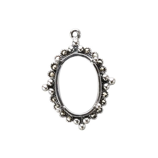 Drop, marcasite (natural) and sterling silver, 25x20mm oval with 18x13mm 4-prong oval setting. Sold individually. image number 0