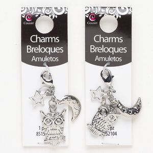 Focal 1pkg2 silver-finished "pewter" (zinc-based alloy), 31x16mm owl with crescent / moon / star and lobster claw clasp.