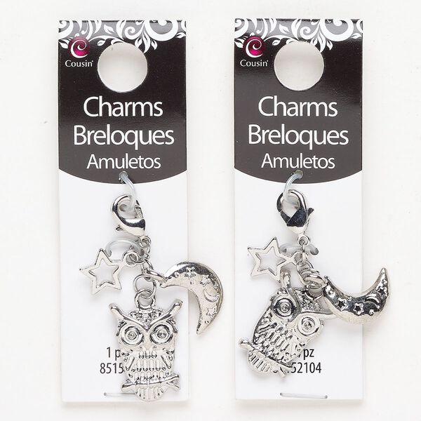Focal 1pkg2 silver-finished "pewter" (zinc-based alloy), 31x16mm owl with crescent / moon / star and lobster claw clasp. image number 0