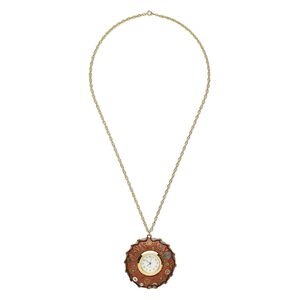 Circle of Hope necklace, polymer clay and gold-plated brass, multicolored, 60mm round with watch face, 23 inches with springring clasp. Only one available.