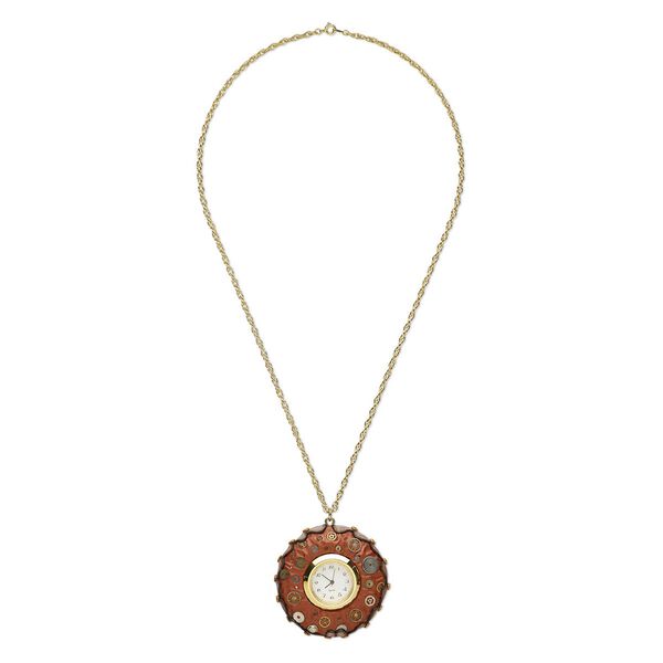 Circle of Hope necklace, polymer clay and gold-plated brass, multicolored, 60mm round with watch face, 23 inches with springring clasp. Only one available. image number 0