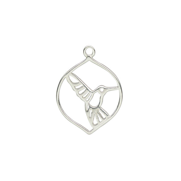 Charm, Amoracast®, sterling silver, 15.5x14mm two-sided oval with cutout hummingbird design. Sold individually. image number 0