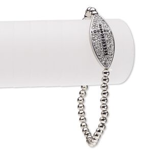 Bracelet, stretch, Czech glass rhinestone with imitation rhodium-finished brass and "pewter" (zinc-based alloy), clear and black, 13mm wide with 30.5x13mm marquise and cross, 7 inches. Sold individually.