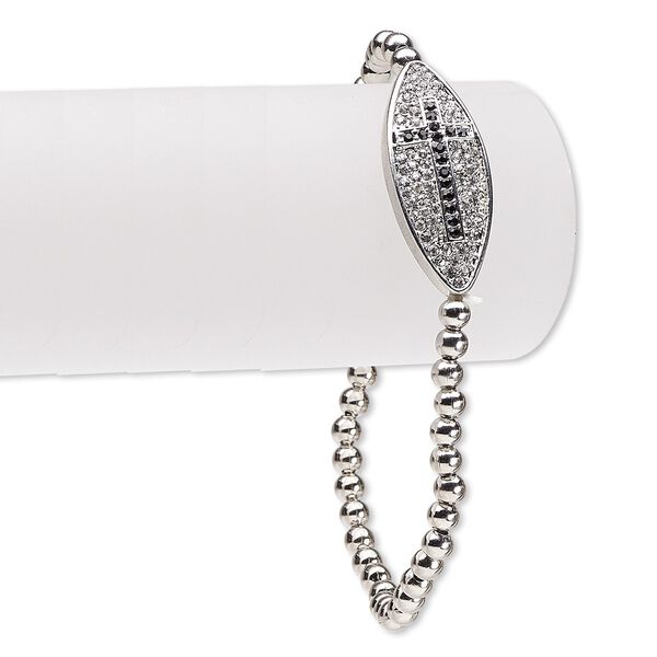 Bracelet, stretch, Czech glass rhinestone with imitation rhodium-finished brass and "pewter" (zinc-based alloy), clear and black, 13mm wide with 30.5x13mm marquise and cross, 7 inches. Sold individually. image number 0