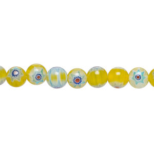 Bead, millefiori glass 1pkg1, translucent yellow / multicolored / blue, 6mm round, 15 inches.