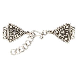 Clasp hook&eye 1pkg1 sterling silver, 50x16mm beaded triangle, antiqued 3-strand