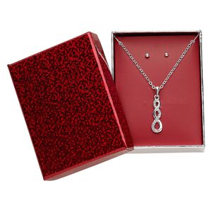 Necklace and earring set, glass rhinestone with silver-finished steel and "pewter" (zinc-based alloy), clear, 25x8mm triple swirl, 15" to 16" necklace with 3-inch extender chain and lobster claw clasp, 3mm round with post. Sold per set.