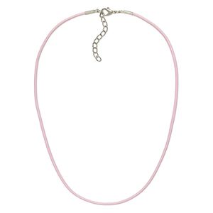 Necklace cord, leather and imitation rhodium-plated brass and steel, pink, 2mm round, 18 inches with 2-inch extender chain and lobster claw clasp. Sold per pkg of 6.