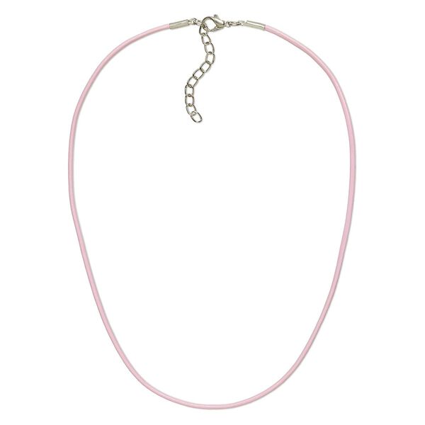 Necklace cord, leather and imitation rhodium-plated brass and steel, pink, 2mm round, 18 inches with 2-inch extender chain and lobster claw clasp. Sold per pkg of 6. image number 0