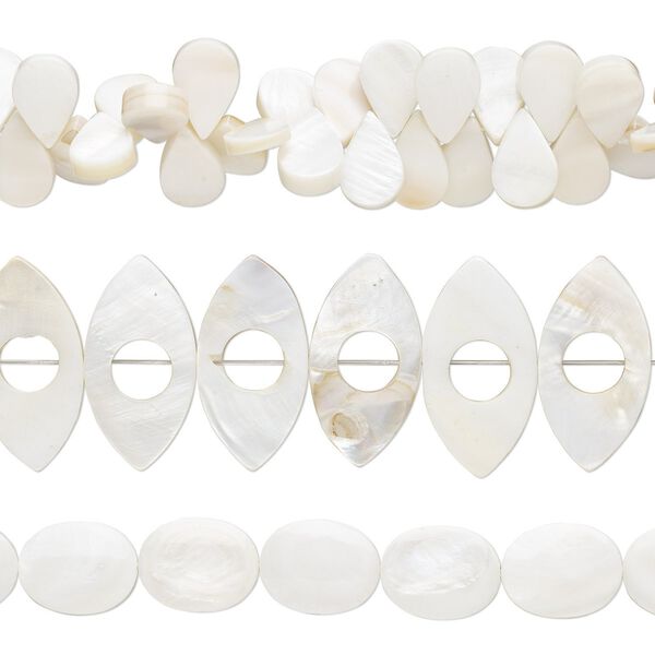 Bead mix, mother-of-pearl shell (natural / bleached), white, 18x10mm-39x26mm top- and center-drilled mixed shapes with 0.6-0.8mm hole, Mohs hardness 3-1/2. Sold per pkg of (3) 15-inch strands. image number 0