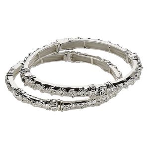 Bracelet, stretch, Austrian glass rhinestone and silver-plated "pewter" (zinc-based alloy), clear, 6.5mm wide with raised fancy design, 6-1/2 inches. Sold per pkg of 2.