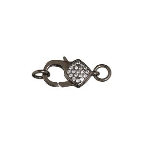 Clasp lobster claw 1pkg1, 15x8mm double-sided, black-finished brass / cubic zirconia clear 1-strand