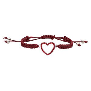Bracelet, nylon / glass rhinestone / silver-finished "pewter" (zinc-based alloy), dark red and red, 22mm wide with 24x22mm open heart, adjustable from 6-1/2 to 9-1/2 inches with macramé knot closure. Sold individually.