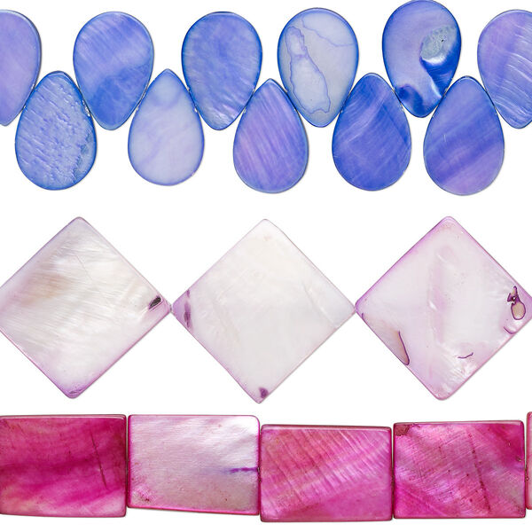 Bead mix, mother-of-pearl shell (dyed), multicolored, 15x11mm-26x18mm top- and center-drilled mixed shapes with 0.6-0.8mm hole, Mohs hardness 3-1/2. Sold per pkg of (3) 15-inch strands. image number 0