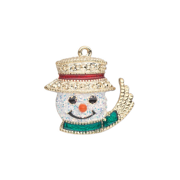 Charm, gold-finished "pewter" (zinc-based alloy) and enamel, white / green / red, 22x19mm single-sided snowman head with glittery face, top hat, scarf and carrot nose. Sold individually. image number 0