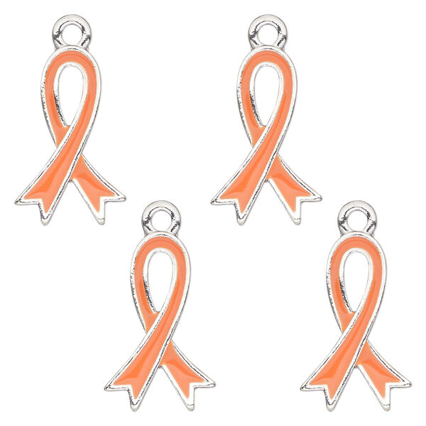 Charm, antique silver-finished enamel "pewter" (zinc-based alloy), orange, 18x12mm single-sided awareness ribbon. Sold per pkg of 4. image number 0
