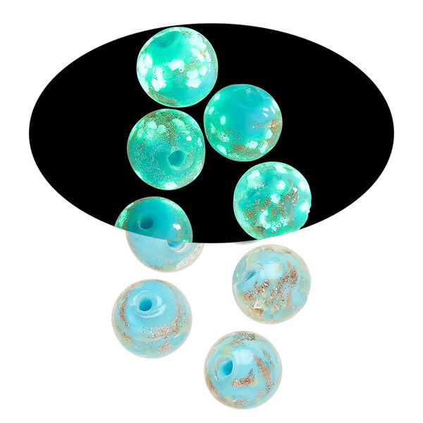 Bead, lampworked glass, clear / light blue / glow-in-the-dark / gold, 8mm round. Sold per pkg of 6. image number 0