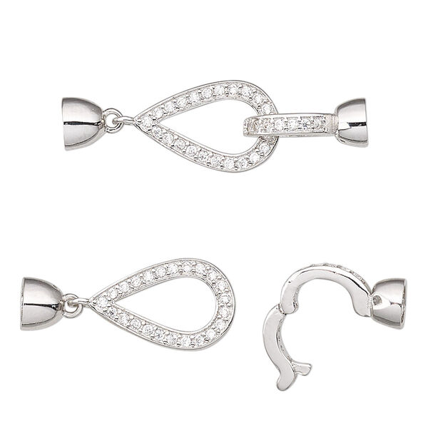 Clasp, single latch fold-over, cubic zirconia and rhodium-plated brass, clear, 31x9.5mm teardrop with glue-in ends, 3.5mm inside diameter. Sold individually. image number 0
