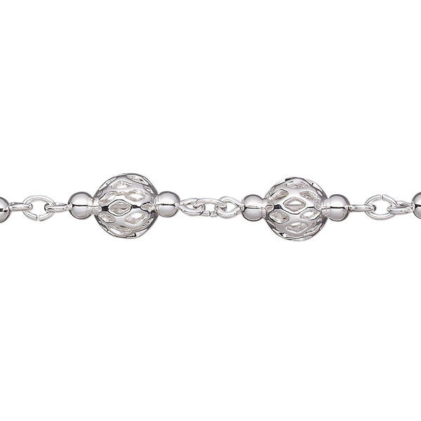 Chain, silver-plated brass, 6mm beaded filigree. Sold per pkg of 5 feet. image number 0