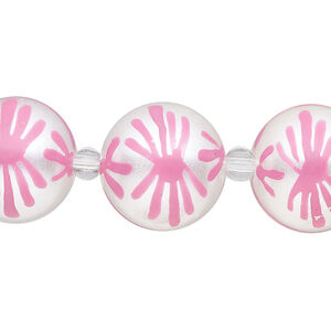 Bead, glass 1pkg8, opaque white and pink, 16mm hand-painted round.