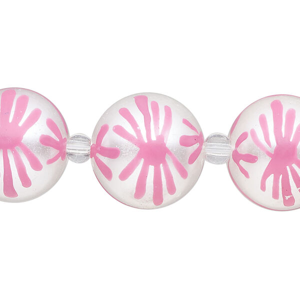 Bead, glass 1pkg8, opaque white and pink, 16mm hand-painted round. image number 0